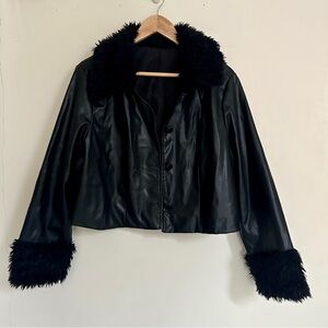 SHEIN Faux Leather Jacket with Faux Fur Trim